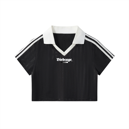Birdcage Contrast Collar Striped Cropped Jersey
