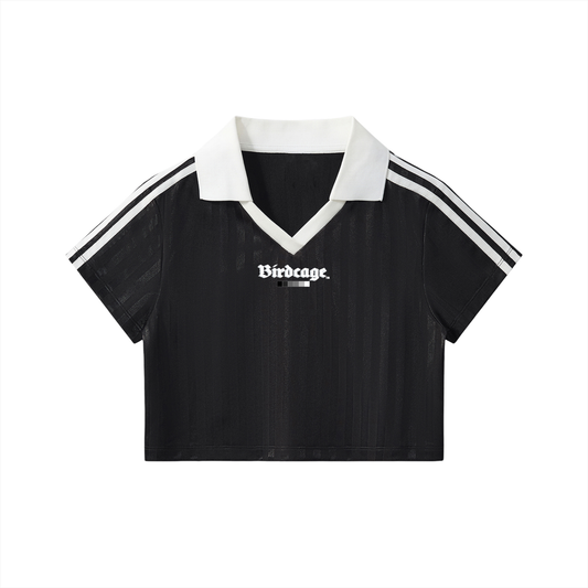Birdcage Contrast Collar Striped Cropped Jersey