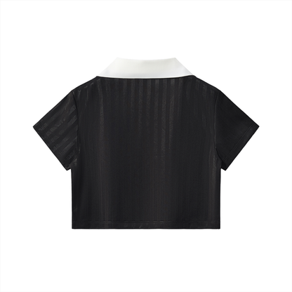 Birdcage Contrast Collar Striped Cropped Jersey